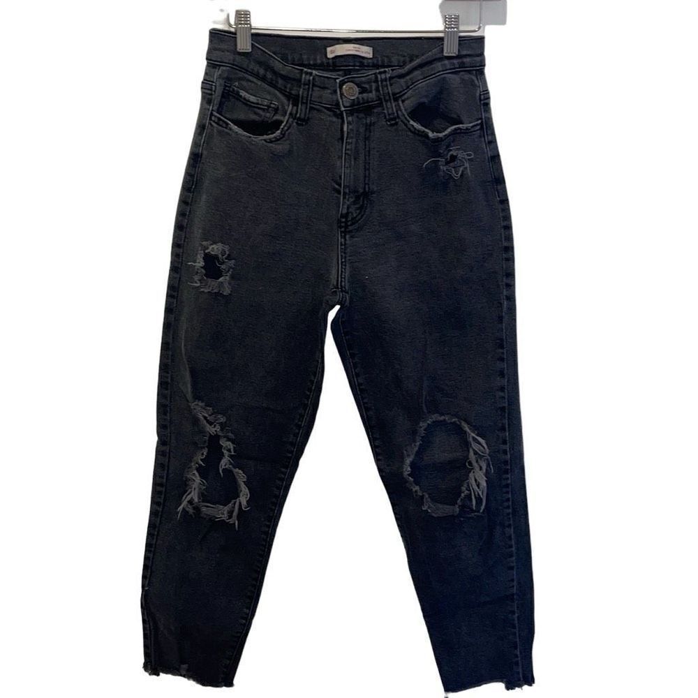 So‎ Womens High Rise Distressed Crop Skinny Mom Jeans Black Size 27
